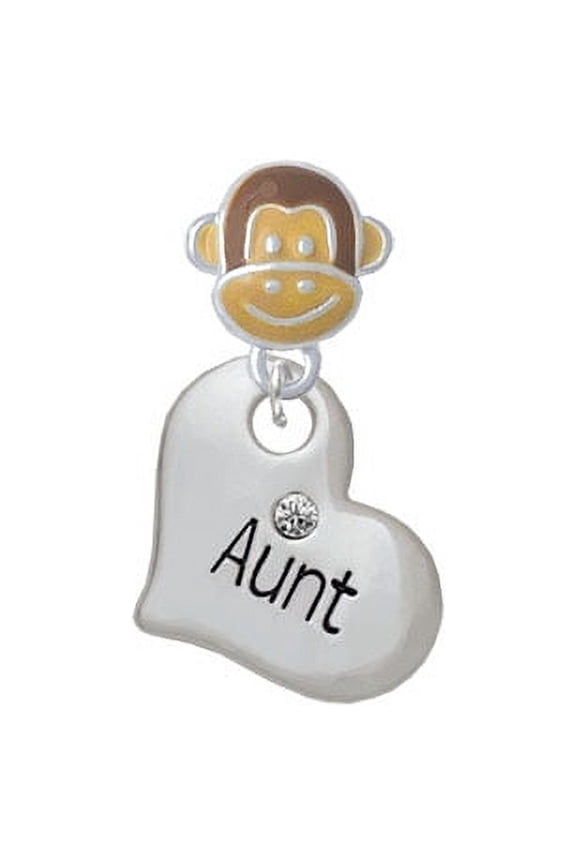 Large ''Aunt'' Heart with Clear Crystal - Monkey Face Charm Bead