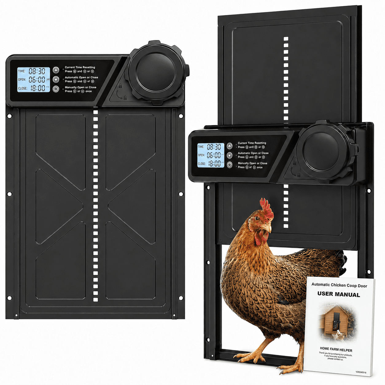 Large Automatic Chicken Coop Door, Aluminum Automatic Chicken Door with Manual & Timer Mode, Anti-Pinch & Battery Powered, LCD Display Chicken Door for Chickens, Ducks, and Geese
