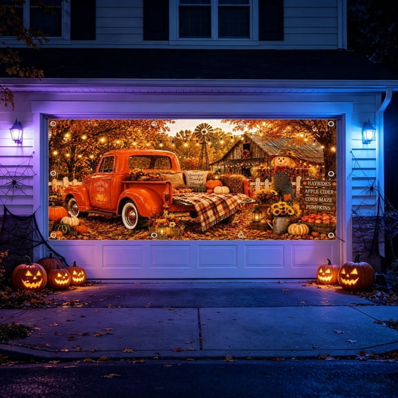 Large Autumn Pumpkin Garage Banner, 191.7x83.8in Fall Harvest Truck Scarecrow Yard Sign, Thanksgiving Outdoor Wall Decor, 1PC