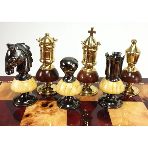Large BRASS METAL Gold Black Chrome Wood Royal Staunton Chess Men Set NO BOARD