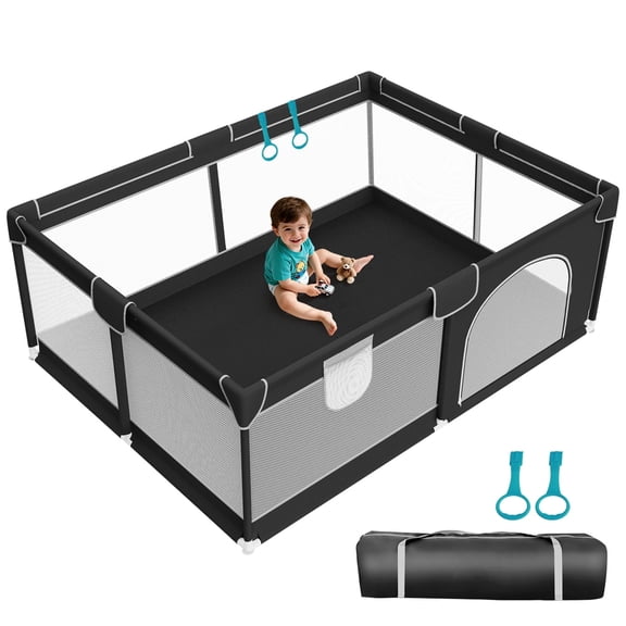 Large Baby Playpen 74x50 inch, Sturdy Play Yard with 2 Handles, Portable Activitiy Center for Toddlers, Black