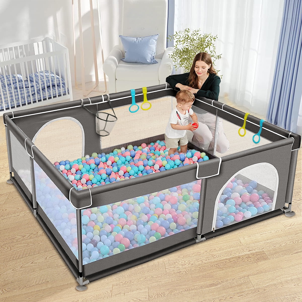 Baby Playpen, 36x36x27inch Portable Soft Mesh Sturdy Pipe Ample Space for  Toddler, Gray