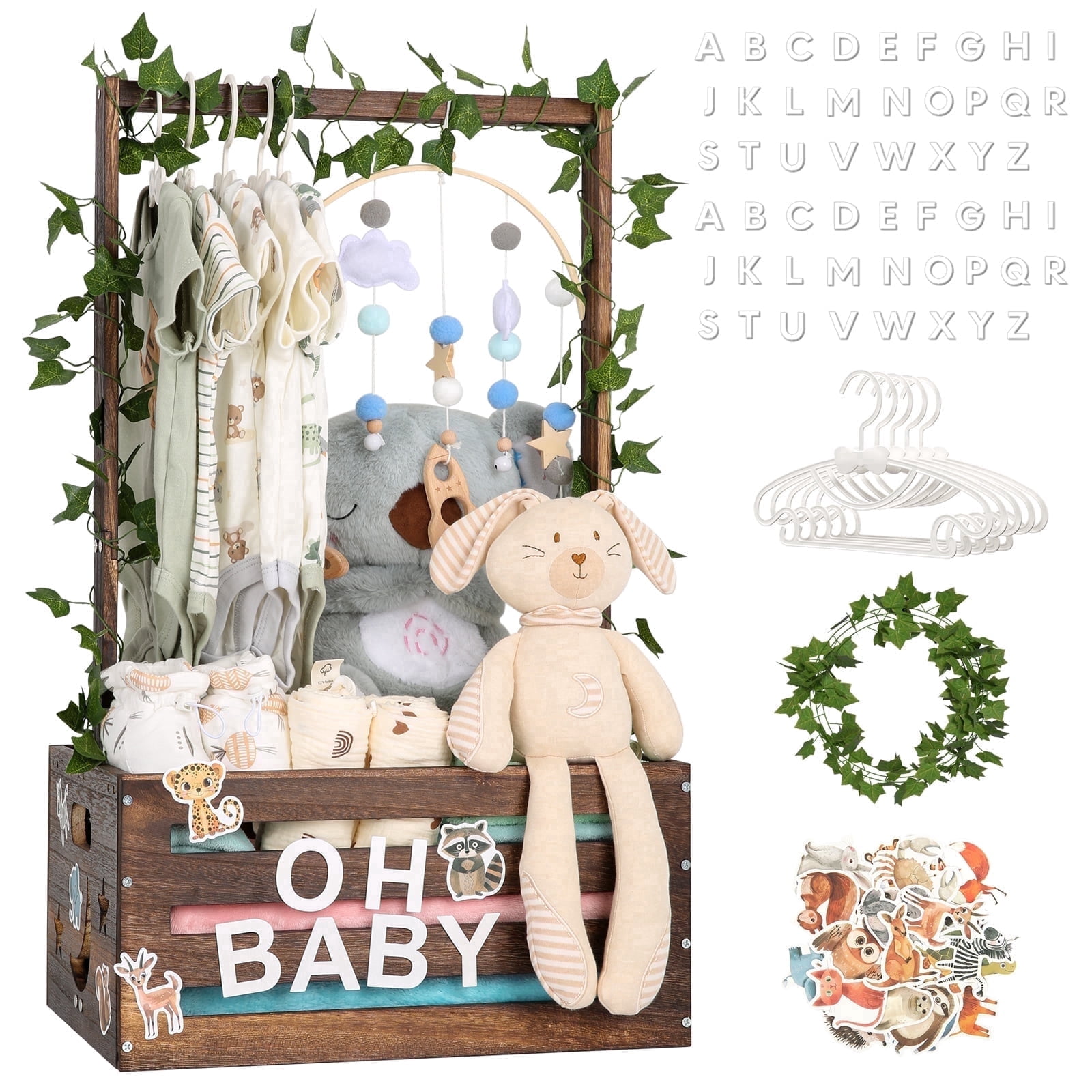 TeSabMi Large Baby Shower Gifts Basket Wooden Crate, Personalized Wooden Letters Hangers New Born Baby Girl Boy Pregnancy Gifts for New Mom Parents Vine Decorations Cute Closet with Adjustable Handle