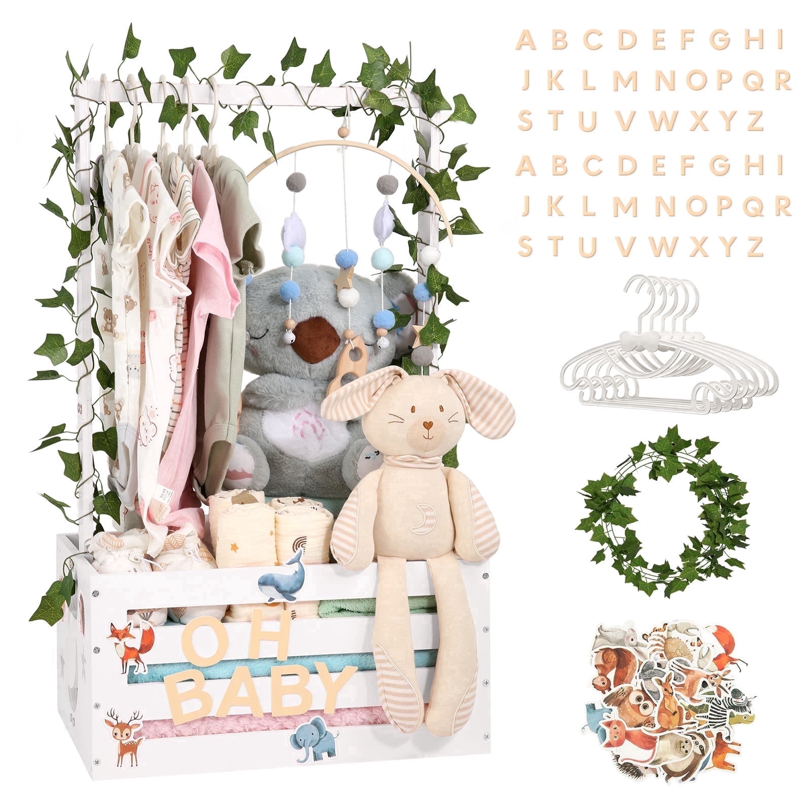 TeSabMi Large Baby Shower Gifts Basket Wooden Crate, Personalized Wooden Letters Hangers New Born Baby Girl Boy Pregnancy Gifts for New Mom Parents Vine Decorations Cute Closet with Adjustable Handle