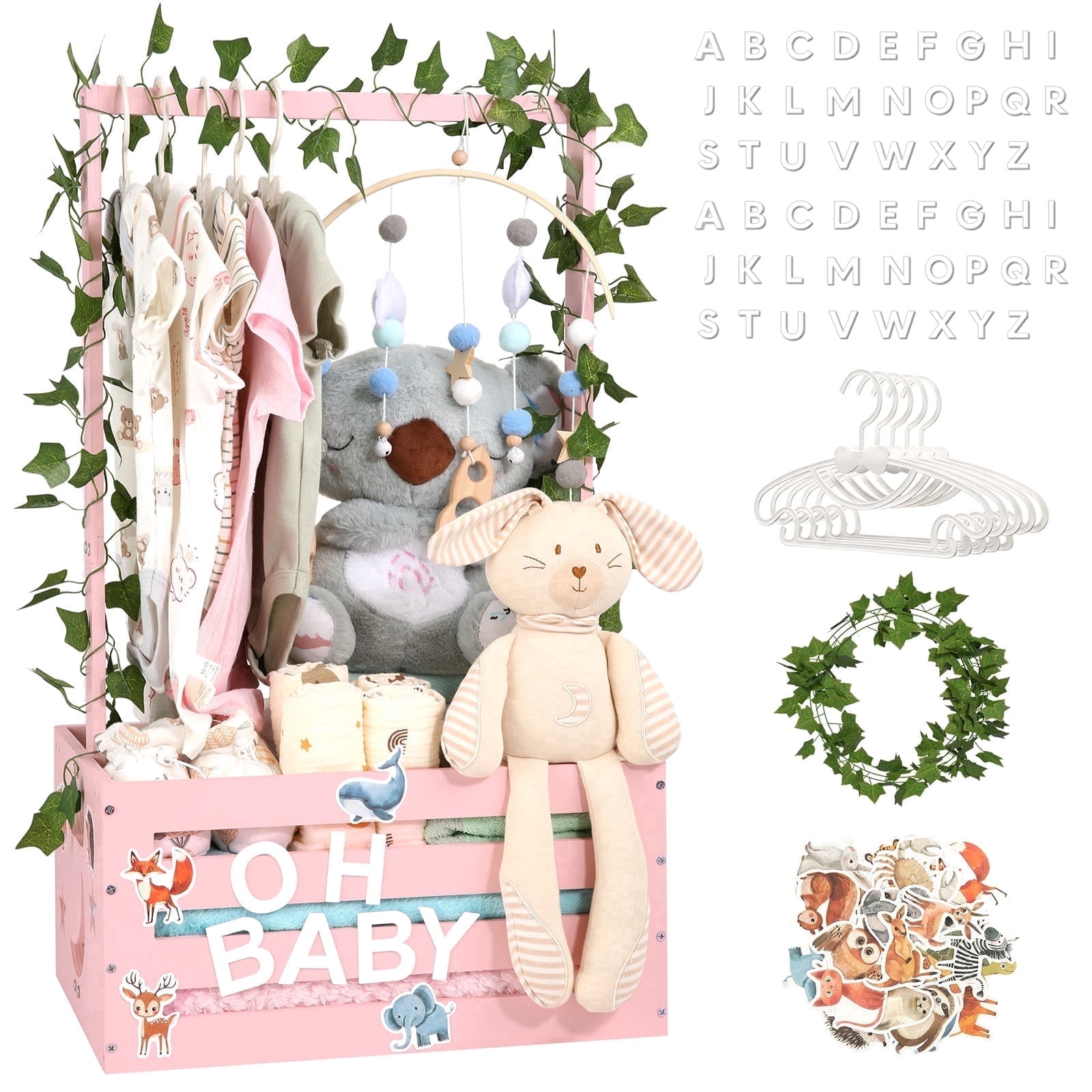 TeSabMi Large Baby Shower Gifts Basket Wooden Crate, Personalized Wooden Letters Hangers New Born Baby Girl Boy Pregnancy Gifts for New Mom Parents Vine Decorations Cute Closet with Adjustable Handle