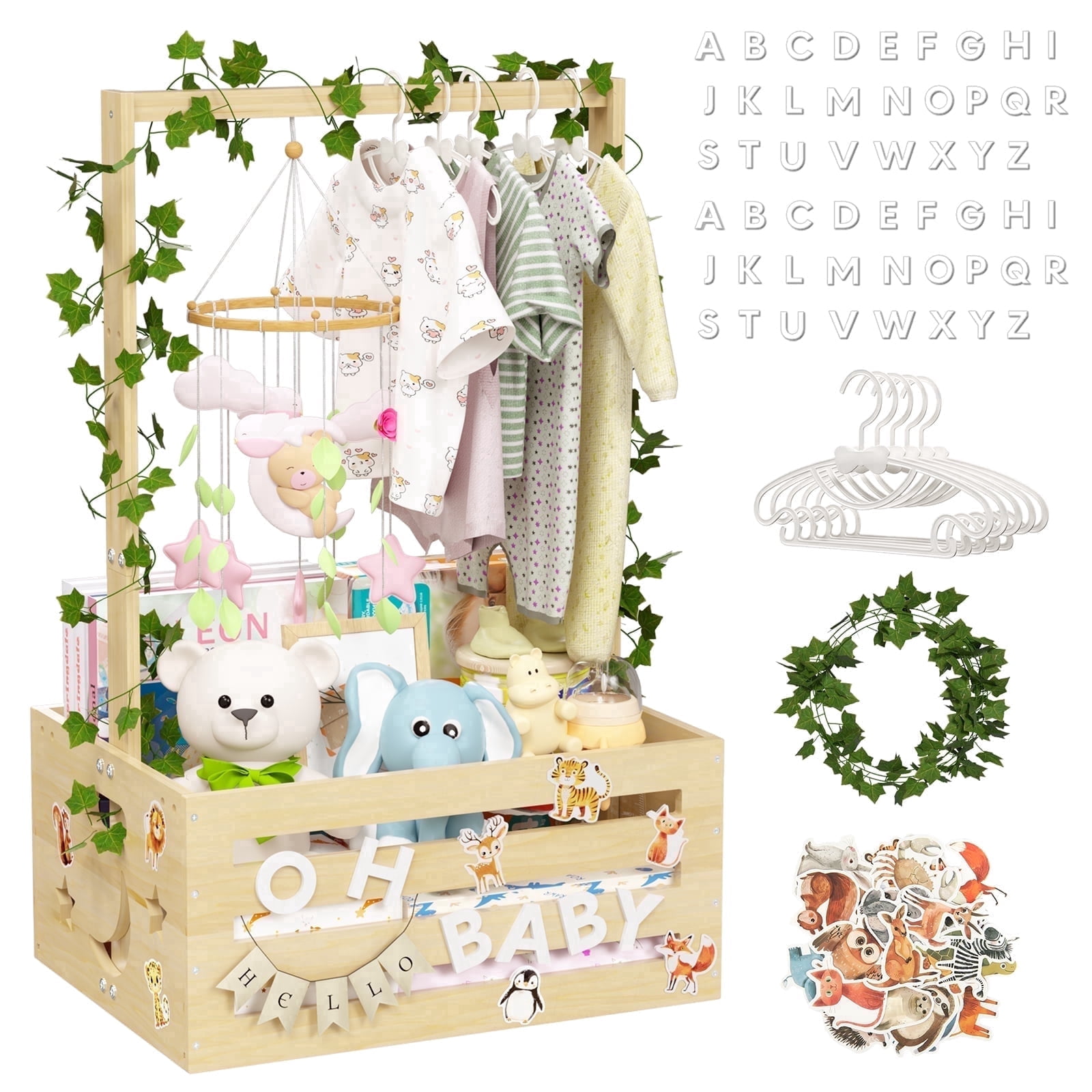 TeSabMi Large Baby Shower Gifts Basket Wooden Crate, Personalized Wooden Letters Hangers New Born Baby Girl Boy Pregnancy Gifts for New Mom Parents Vine Decorations Cute Closet with Adjustable Handle
