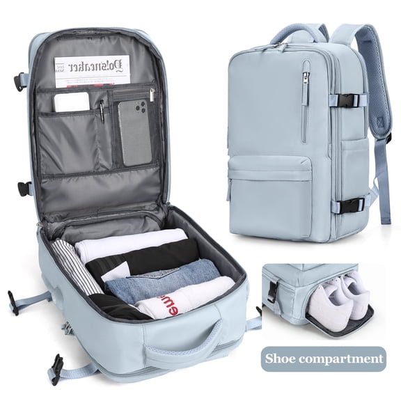 Large Backpack for Women Men, Carry On Backpack for Everydayon Airplane,Laptop Backpack with Shoe Compartment, Flight Approved Personal Item Bag Waterproof Luggage Backpack Light blue