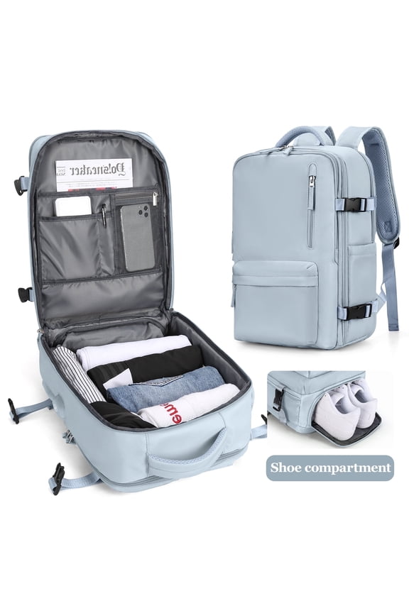 Large Backpack for Women Men, Carry On Backpack for Everydayon Airplane,Laptop Backpack with Shoe Compartment, Flight Approved Personal Item Bag Waterproof Luggage Backpack Light blue