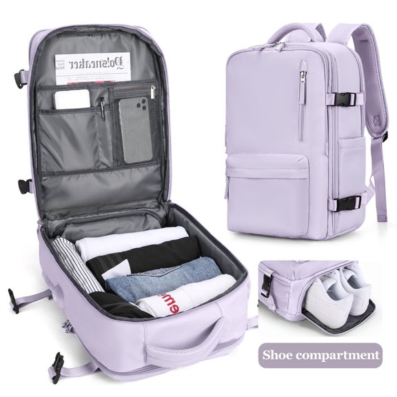 Large Backpack for Women Men, Carry On Backpack for Everydayon Airplane,Laptop Backpack with Shoe Compartment, Flight Approved Personal Item Bag Waterproof Luggage Backpack Purple