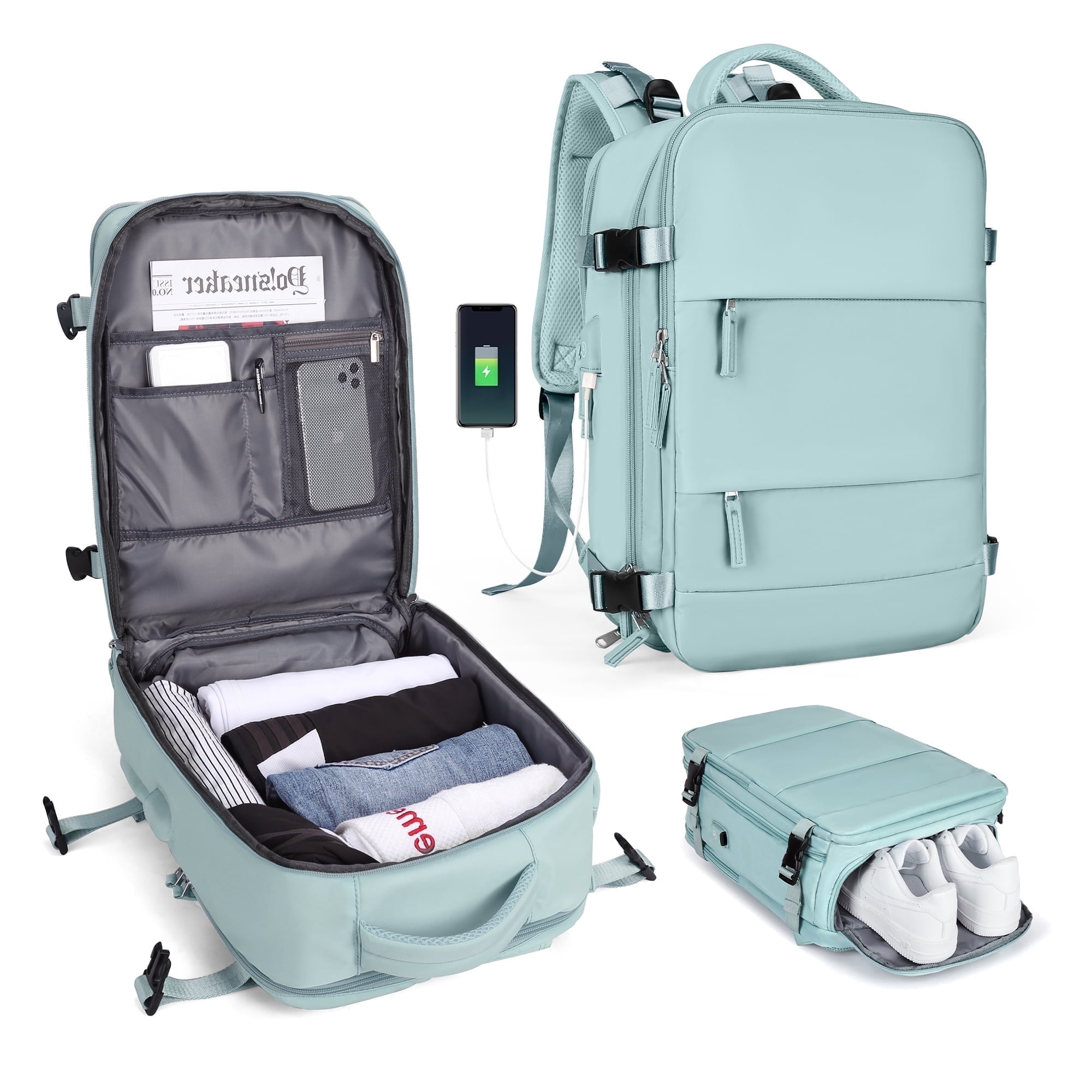 Large Backpack Women, Men Carry On Backpack,Hiking Backpack Waterproof Outdoor Sports Casual Daypack with Shoe Compartment ,Large Capacity Student School Bag Light Blue