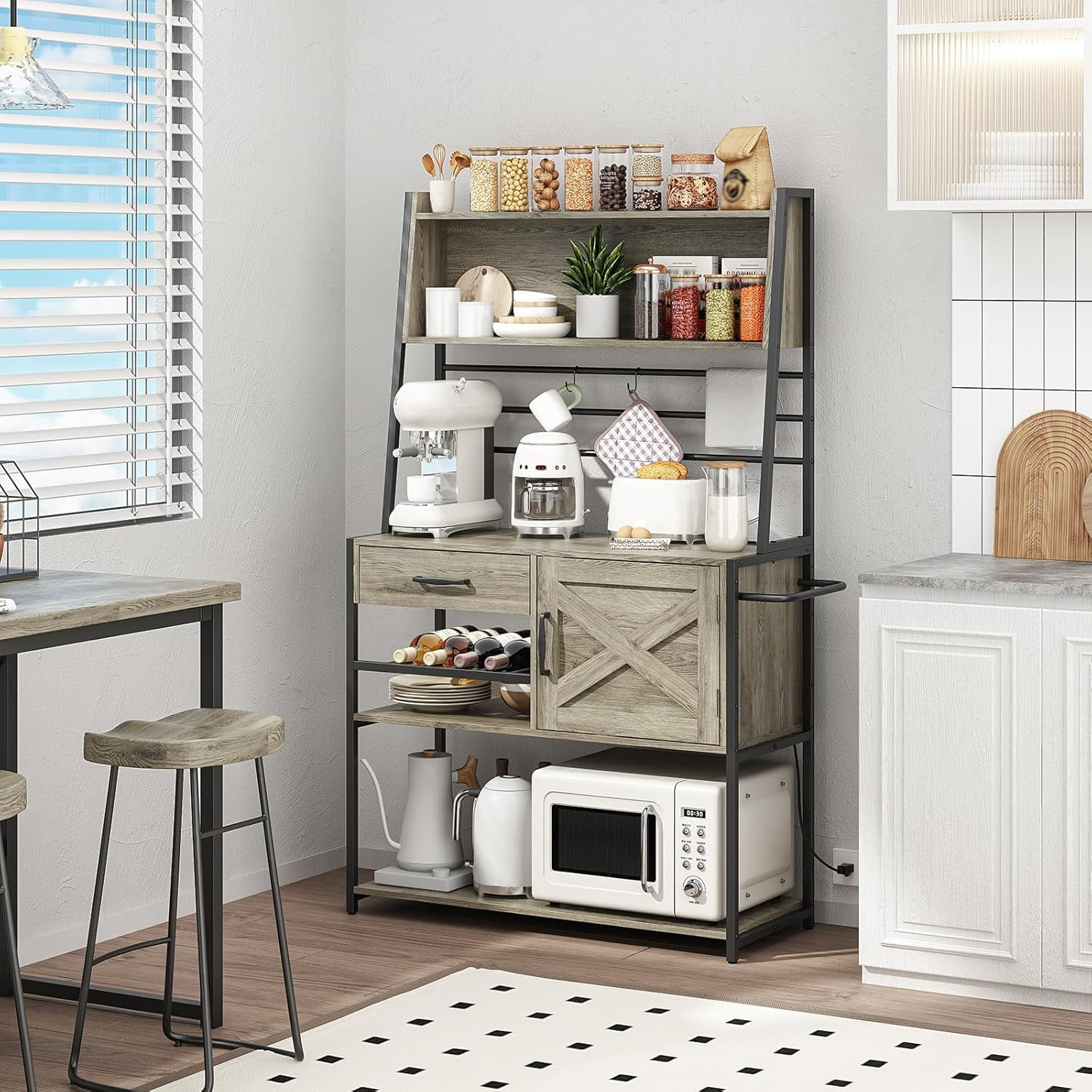 Large Bakers Rack with Power Outlets, Kitchen Microwave Oven Stand with ...