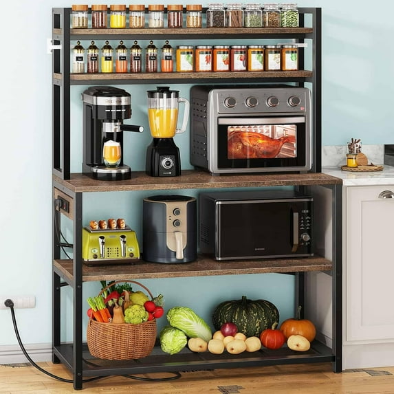 Large Bakers Rack with Power Outlets, 5-Tier Microwave Stand with Storage, Coffee Bar Stand, Industrial Kitchen Shelf Rack
