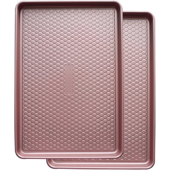 Large Baking Sheet Set (2 Pack) - Half Pan 17.7x12.2 Inch, 0.8mm Heavy Duty Carbon Steel, Nonstick & Warp Resistant Cookie for Baking, Roasting, Texture Pattern/Rose Gold