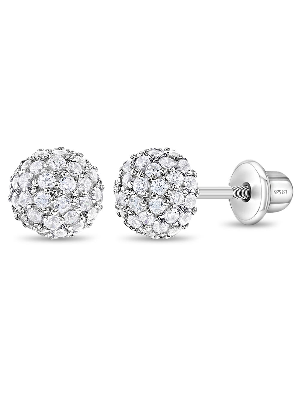 Large Ball of Gems CZ Kids / Girls Earrings Screw Back - Sterling Silver