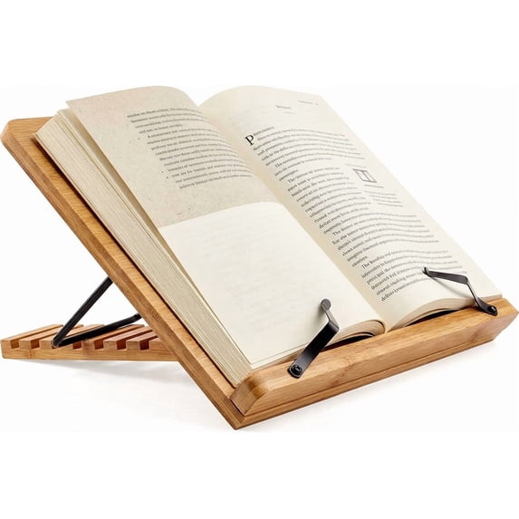 Large Bamboo Book Stand, 11'' x 15'' Portable Stable Adjustable Height Reading Book Holder for Cookbook, Sheet Music, Bible, Textbook and Tablet