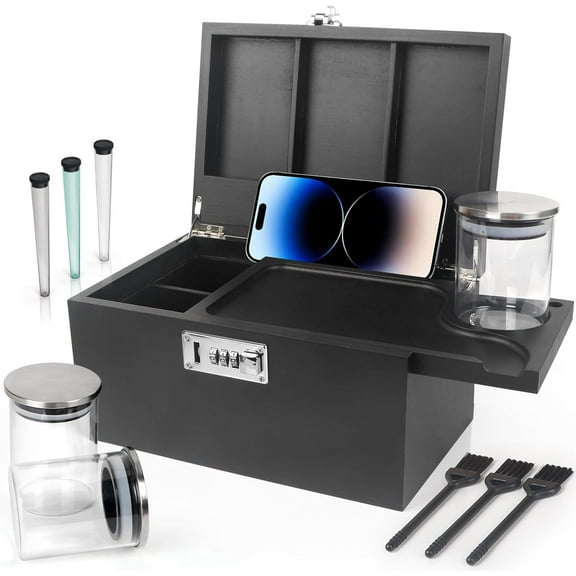 Large Bamboo Box with Combination Lock, Decorative Storage Box with Removable Tray & Detachable Compartment, Wooden Boxes with Alright Jars & Brushes & Storage Tubes as Great Gift Choice.