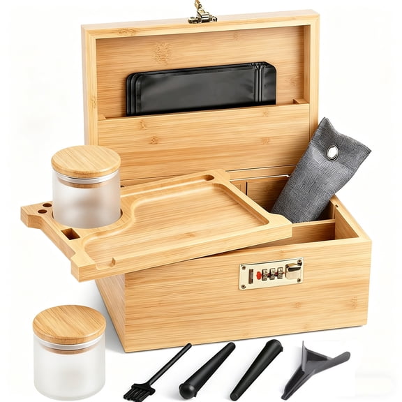 Large Bamboo Box with Combination Lock - Decorative Box Set, Great Gift Choice Storage Lockbox with Storage Jar, Gifts for Men Women