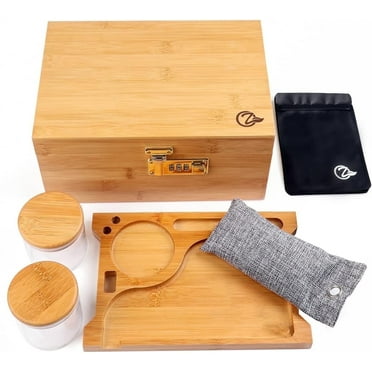 Large Bamboo Box with Combination Lock Decorative box for Home Great Father Day Gifts Locking Storage Bamboo Box with Glass Jar (L)