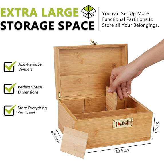 Large Bamboo Box with Combination Lock for Home Storage, Decorative Gift with Jar, Tray & Bags (Brown)