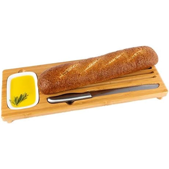 - Large Bamboo Bread Board with Bread Crumb Catcher and Ceramic Dipping Dish$$Home Decor, Kitchen, & Other