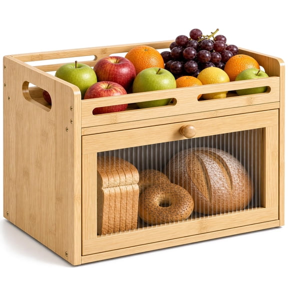 Large Bamboo Bread Box for Kitchen Countertop with Raised-Rail Top Shelf, Bread Storage Container with Clear Acrylic Window, Farmhouse Breadbox Organizer for Pantry, Fruit, Spices & Baking Supplies