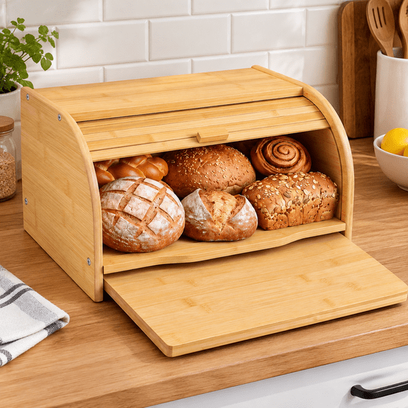 Large Bamboo Bread Box with Cutting Board, 17.5" x 11" x 8.6"