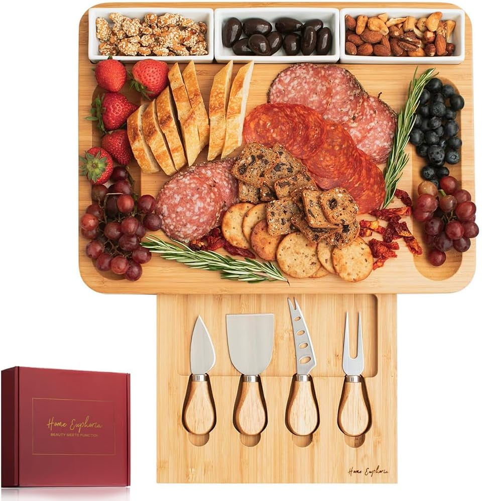 Large Bamboo Charcuterie Board and Knife Set - Cheese Board with Bowls, Beautiful Gift for Mom