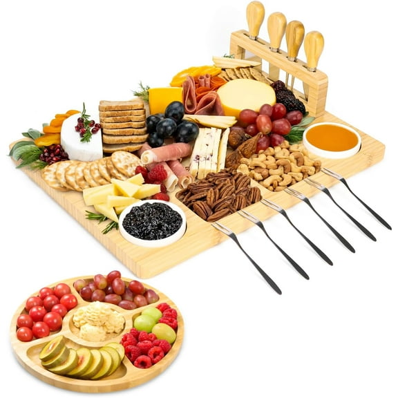 Large Bamboo Cheese Board Set, Charcuterie Boards Gift Set, House Warming Gifts, Wedding Gifts for Couple, Bridal Shower Gifts, Valentines Day Gifts