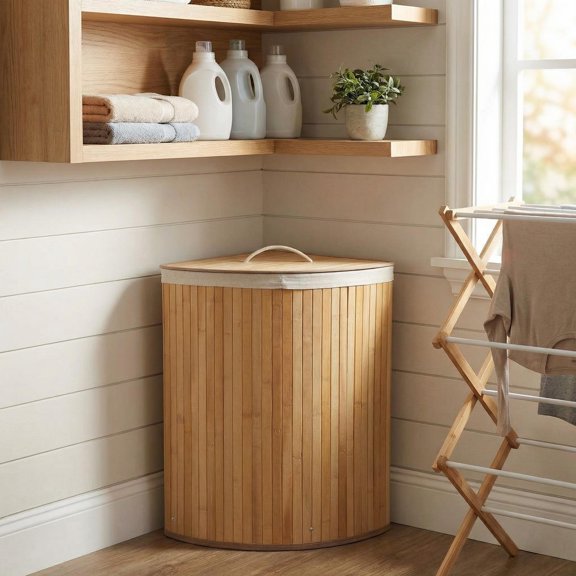 Large Bamboo Corner Laundry Hamper with Lid 15 Gal Collapsible Basket Removable Washable Liner for Bedroom Bathroom