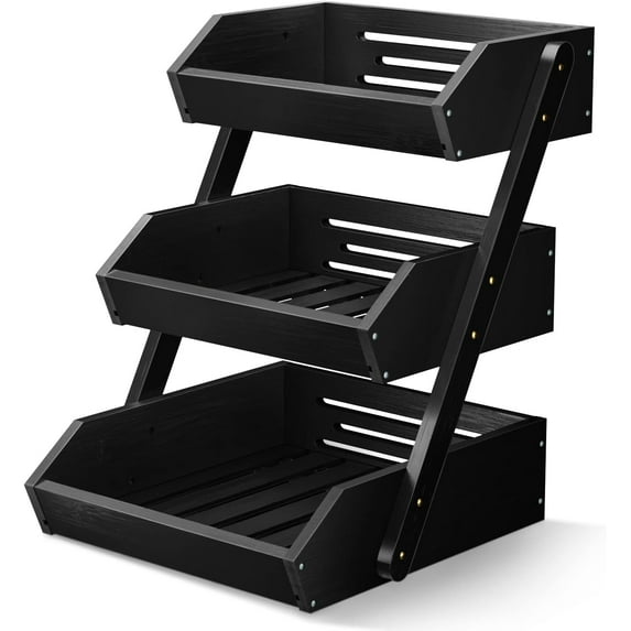 Large Bamboo Fruit Basket, 3 Tier Fruit Bowl for Kitchen Counter, Fruit Holder for Kitchen Countertop, Snack Fruit Vegetable Storage Basket Stand (BLACK)