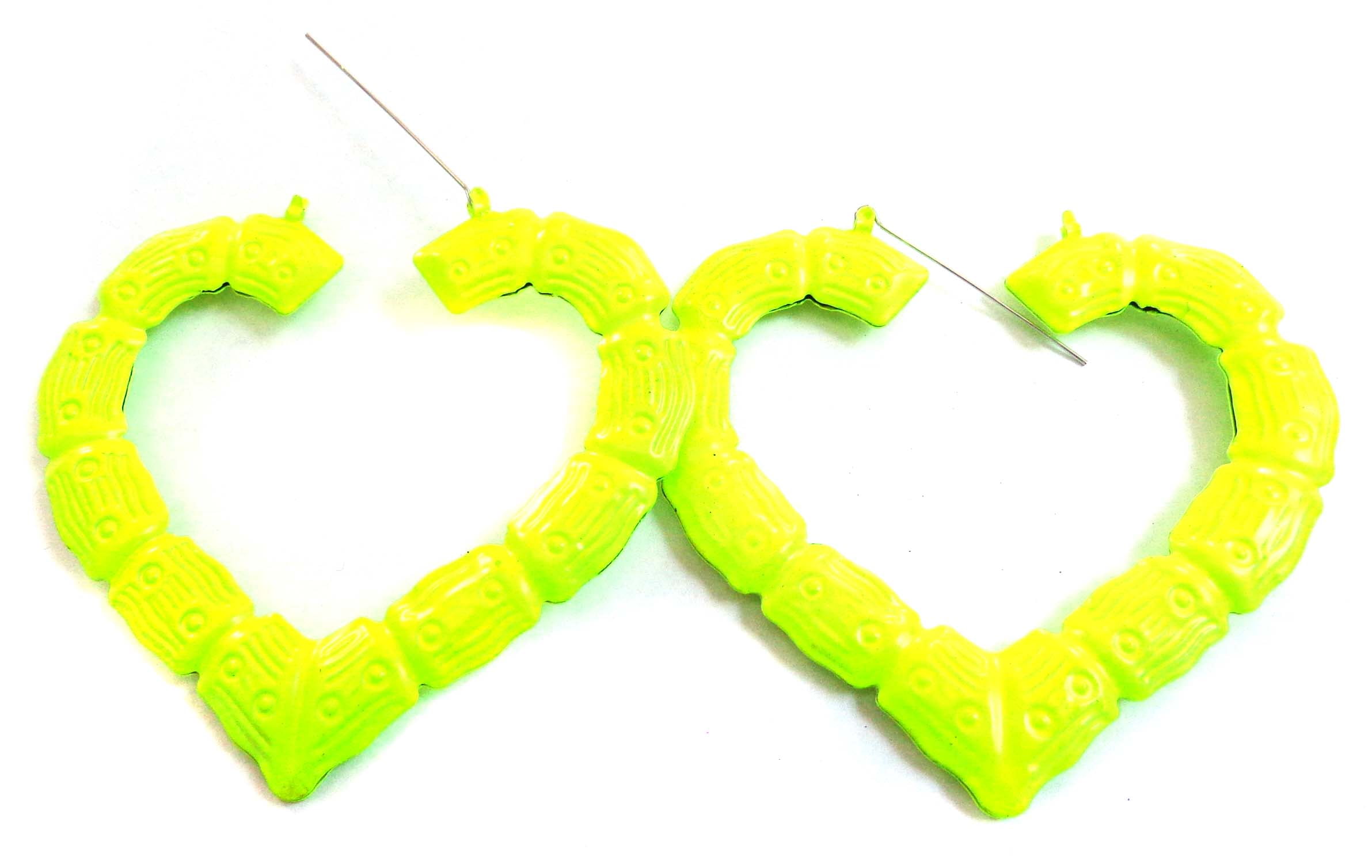 Large Bamboo Heart Hoop Earrings Neon Yellow Hoops inch