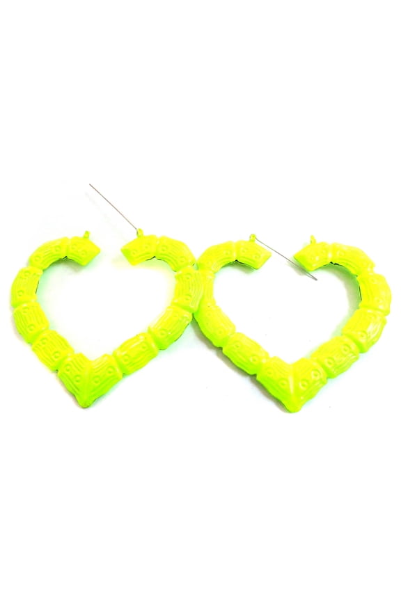 Large Bamboo Heart Hoop Earrings Neon Yellow Hoops 3.5 inch