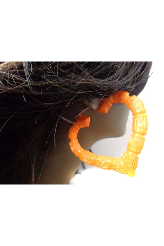 Large Bamboo Heart Hoop Earrings Orange Hoops 3.5 inch