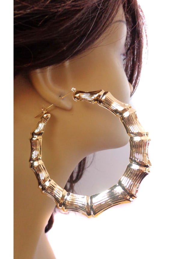 Large Bamboo Hoop Earrings Gold Tone Full 3 inch Hoops