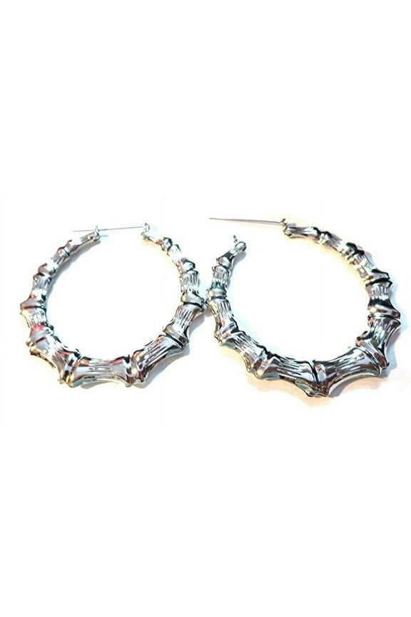 Large Bamboo Hoop Earrings Silver Tone 3 inch Hoops