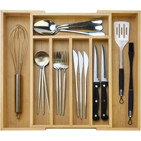 Large Bamboo Kitchen Utensil Drawer Organizer Expandable Flatware Silverware Tray Adjustable Cutlery Drawer Organizer Divider Insert Wood Silverware Utensil Holder Tray Spoon and Fork Organizer