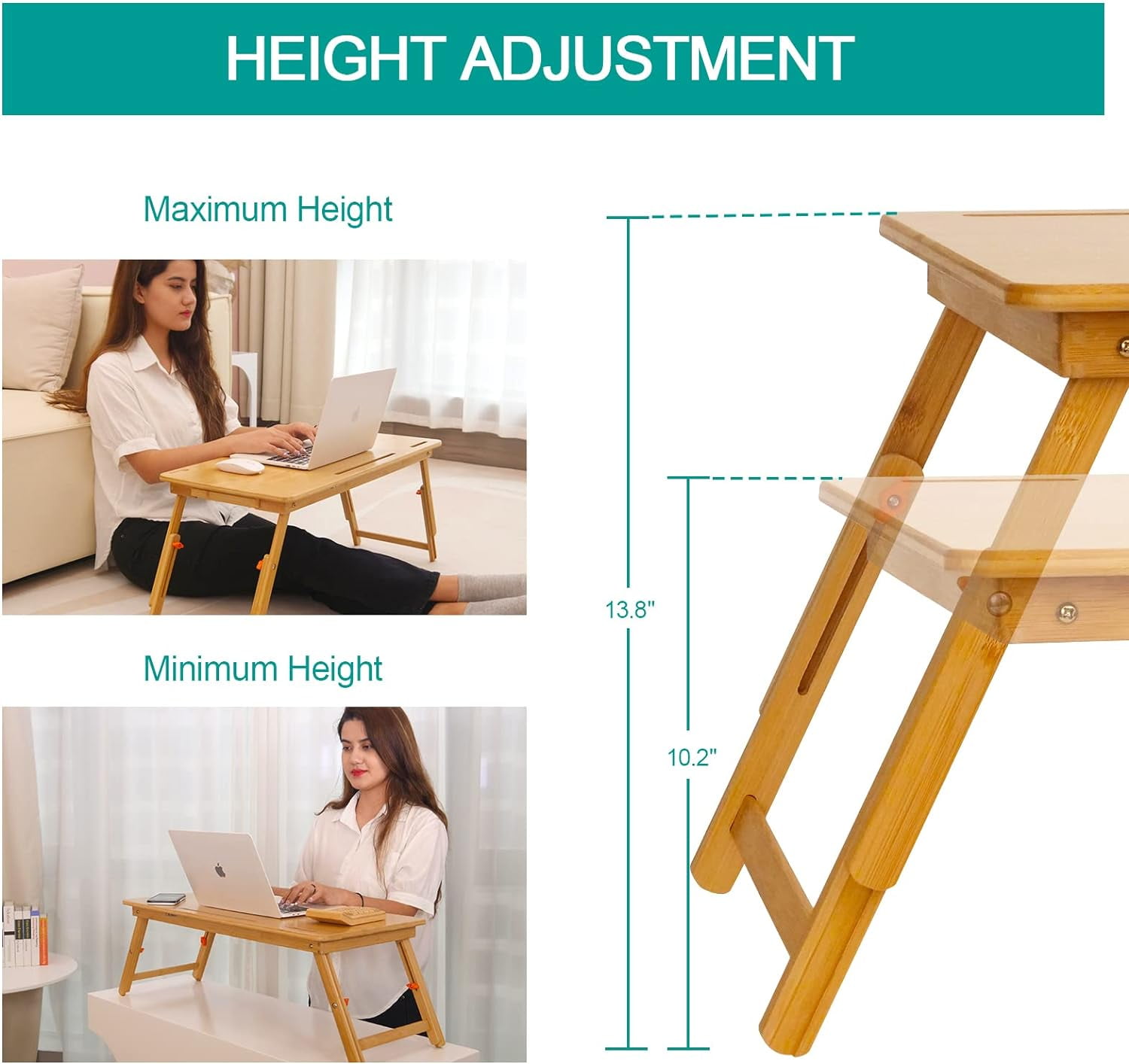 Large Bamboo Lap Desk with Adjustable Height & Angle, Foldable Bed Table with Drawer & Tablet Slot for Laptop Writing Eating Sofa Floor