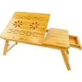 thumbnail image 1 of Large Bamboo Laptop Portable Table Tray Desk w/ USB FAN - Height Adjustable, Foldable, 8 Tilting Angle's, Cup Holder, Drawer, with USB Cooling Fan - Perfect Breakfast Serving Bed Tray, 1 of 8