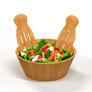 BESHOF Large 12 inch Bamboo Wooden Salad Bowl Set with Salad Hands for 6-8 Helpings, Wood Serving Bowl Great for Serving Fruit, Salad, Pasta