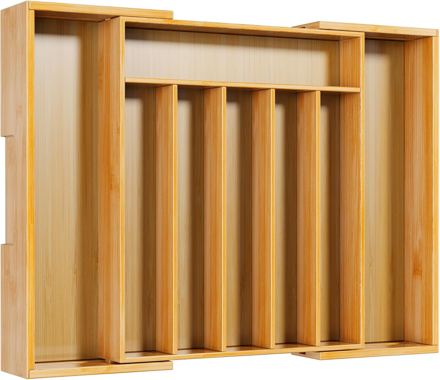 Large Bamboo Silverware Organizer - Expandable Drawer Organizer for Utensil, Cutlery and Flatware, Kitchen Storage Solution with 6 to 8 Slots, Natural, 19.4" × 13.1" × 1.8"