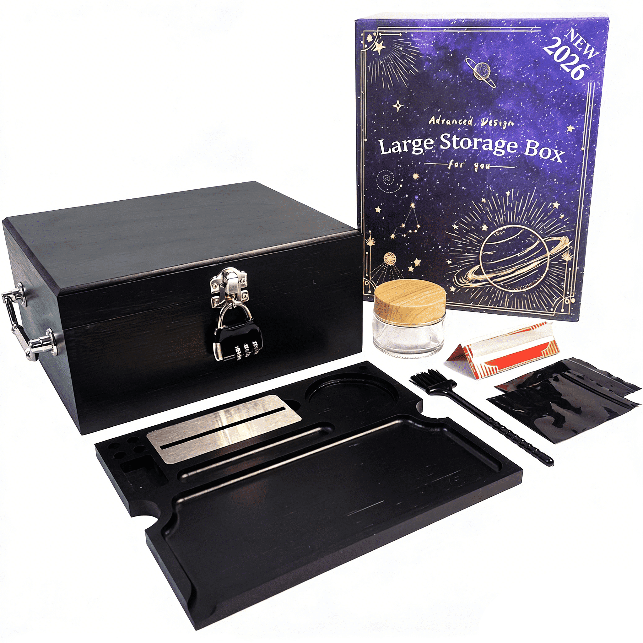 Large Bamboo Storage Box with Tray Combination Lock Decorative box for Home Great Father Day Gifts Locking Storage with Glass Jar Accessories