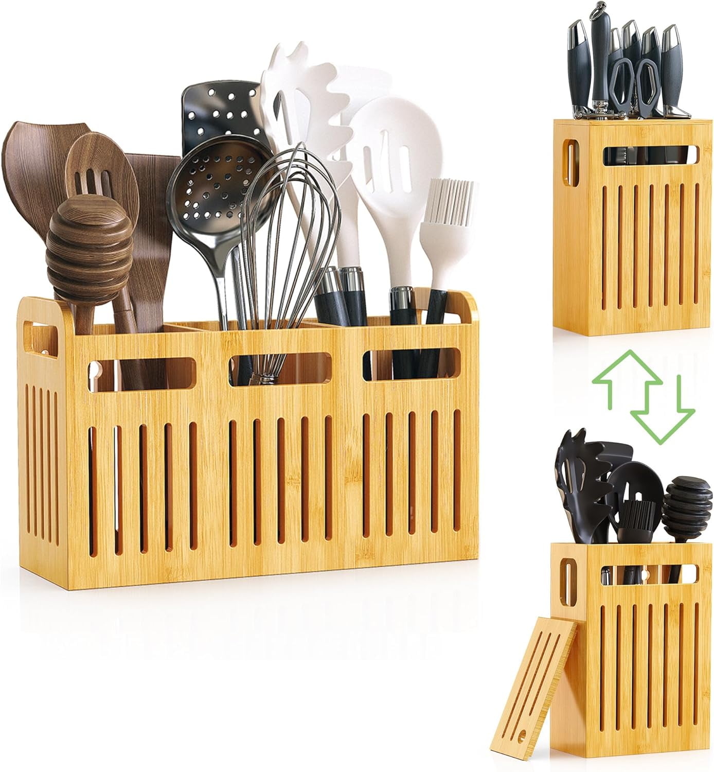 Large Bamboo Utensil Holder Set, Kitchen Utensil Organizer with ...