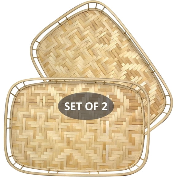 Large Bamboo Wicker Serving Trays Set of 2 19.3 x 13.8 Rectangular Hand-Woven Lap/Breakfast Trays with Handles Rustic & Decorative Kitchen, Coffee Table & Bed Tray