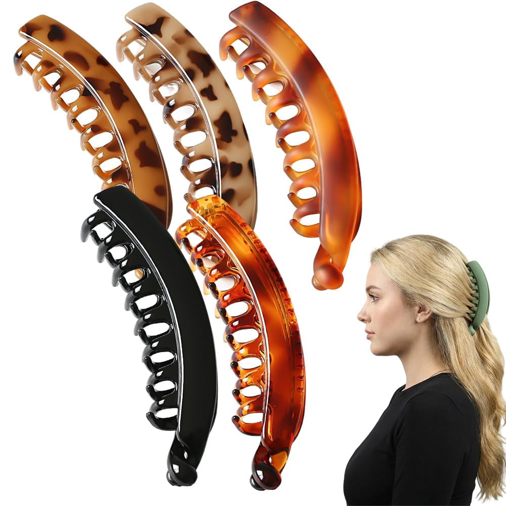 Large Banana Clip Hair Clips, No Crease Hair Accessories for Women, Styling Accessories for All Hair Types, Gifts for Women & Girls (Black+Bright tortoiseshel)