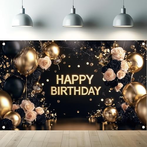 Large Banner blank Black Gold Happy Birthday Backdrop Elegant Rose ...