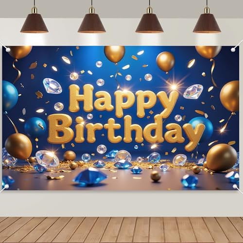 Large Banner blank Blue Gold Happy Birthday Backdrop For Women ...