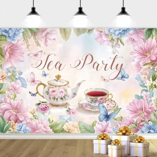 Large Banner blank Tea Party Backdrop, Pink Tea Time Party Background ...