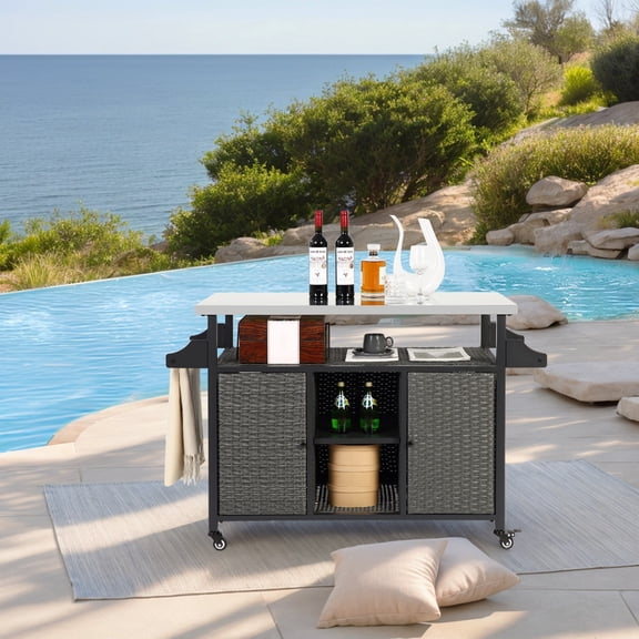 Large Bar Cart,Outdoor Kitchen Wicker Island Rolling Cart & Storage Cabinet, Wheels And Stainless Steel Extended Table Top, Side Handle For Patio Kitchen Or Bar Cart, Grey,Grey