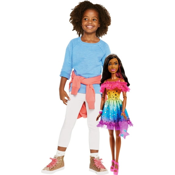 Large Barbie Doll, 28 Inches Tall, Dark Brown Hair and Rainbow Dress