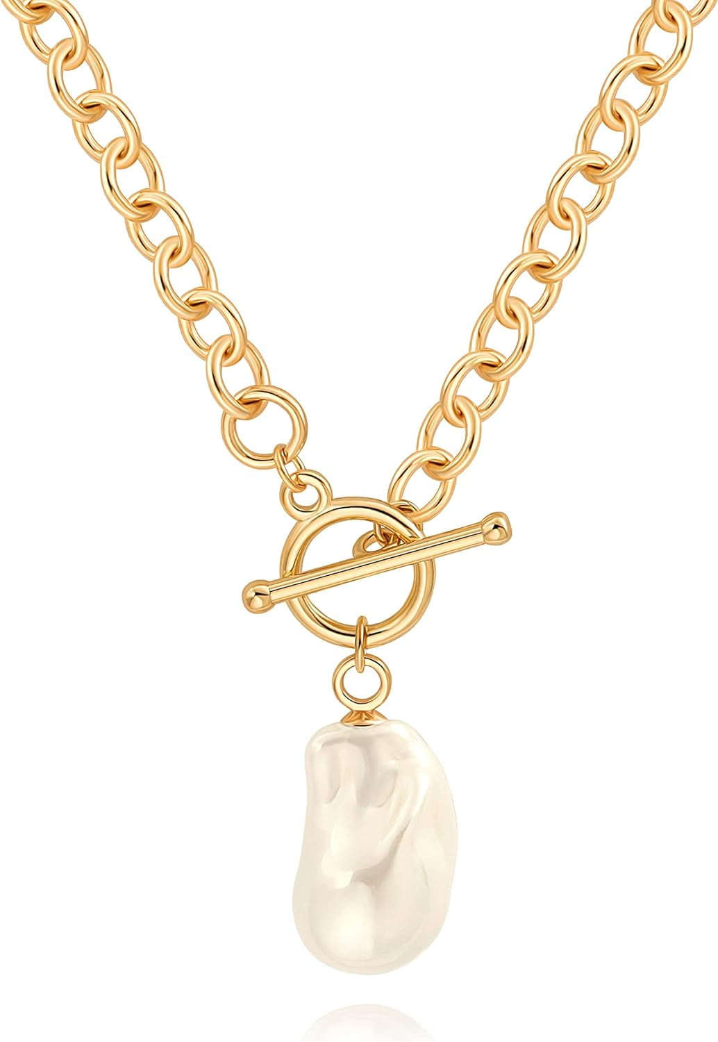 ZXB JEWELERY Large Baroque Pearl Pendant Necklace - 18k Gold Chunky Chain Link - Statement Jewelry for Women